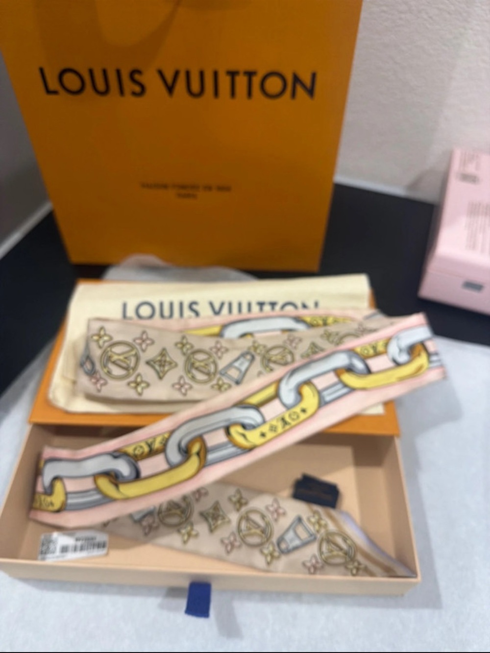 Louis Vuitton Pink & Beige Monogram Chain Twilly